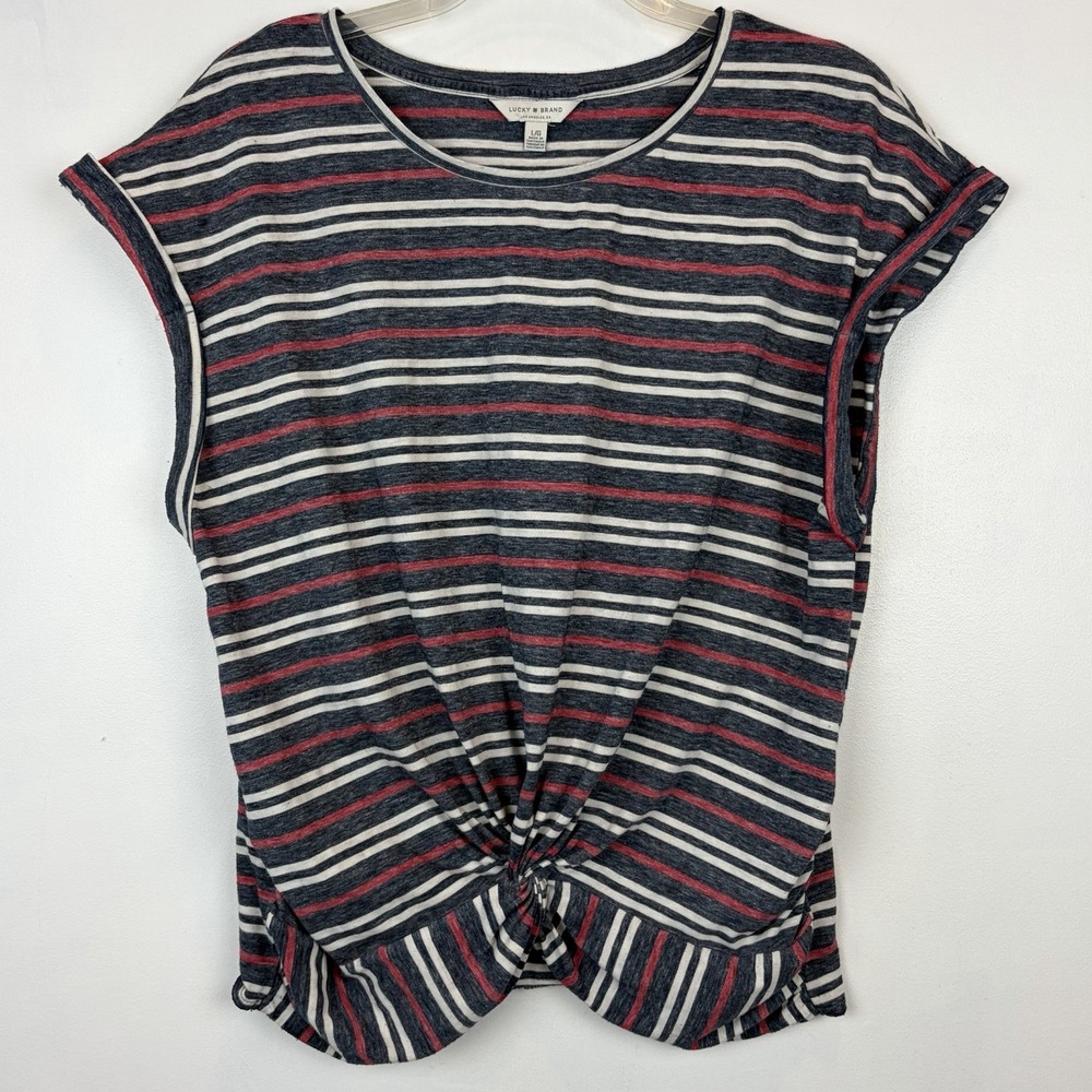 Lucky Brand Stripe Top Medium Twist Front Rolled Cap Sleeve Blue Red Patriotic